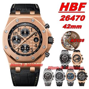 HBF Watches 26470 Rose Gold 42mm A3126 Selfwinding Chronograph Autoamtic Mens Watch Sapphire Pink Gold Dial Leather Strap Gents Wristwatches
