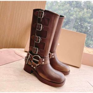 Biker Knee high Boots Boots cowboy Style over the knee Brown Leather Boot Cowgirl Boots Round Toe Chunky Heel Martin Boots Harness booties 10A quality muimuise boot