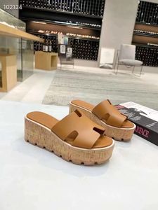 2023 summer new brown genuine leather thick sole Beach slippers fashion simple Mixed Colors wedges heel women open toe Slides