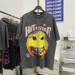 Hellstar Studios Skull Teeth Smiley Face Print Wash Old European High Street Men's and Women's Short Sleeve T-shirt