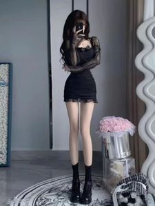 Designer's New Year Exclusive Black Pure Lust Spicy Girl Dress New Sexy Sheer Long Sleeve Slim Fit Princess Dress Short Dress