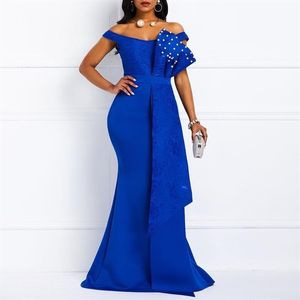 Abito lungo da donna con spalle scoperte Abito sexy da festa Vestido Sirena Perline Abito blu Rosso Moda Patchwork Pizzo Abiti da sera eleganti Maxi Y259I