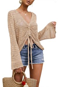 Women's T Shirts Women Crochet Top Beach Cloth Drawstring Shirt Cover Up Oversized Sexy Beachwear Lace Tee Poncho