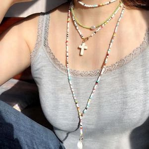 Kedjor boho etnisk stil akrylfrön pärlor sträng halsband kvinnor sträng pärla hänge halsimitation pärlor smycken tillbehör