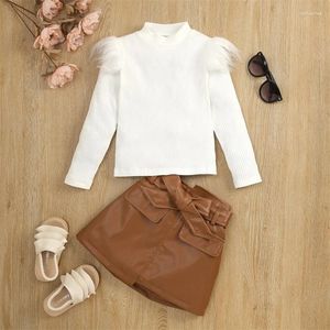 Clothing Sets Kids Girls Casual Suit Solid Color Long Sleeve Fluffy Hair Knitted Tops Short Skirt With Belt