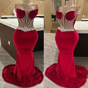 2023 April Aso Ebi Mermaid Red Prom Dress Beaded Crystals Velvet Evening Formal Party Second Reception Birthday Engagement Gowns Dresses Robe De Soiree ZJ366