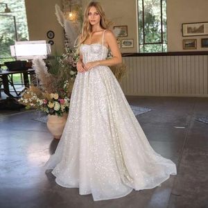 Glänzendes A-Linien-Hochzeitskleid im Boho-Stil, herzförmiger Pailletten-Spaghetti-Träger, formelle Brautkleider, Prinzessin-Brautkleider, Vestidos De Novia