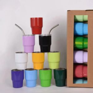 3 Unzen Mini-Becher, Makronenfarben, DIY-Handwerk, Sublimations-Schnapsglas, heißer Verkauf, leerer 3-Unzen-Becher mit Edelstahl-Strohhalm 1108