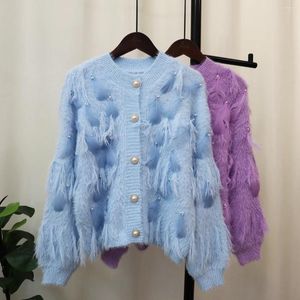 Kvinnors stickor 2023 Autumn Winter Fleece Gentle Soft Design Feel Bead Tassel Sticked Women Cardigan tröja jacka