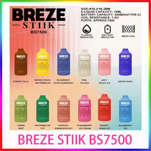 Original BREZE STIIK BS7500 bateria 600mah 16ml bobina de malha líquida Único toque macio silicone envolto crazvapes bang