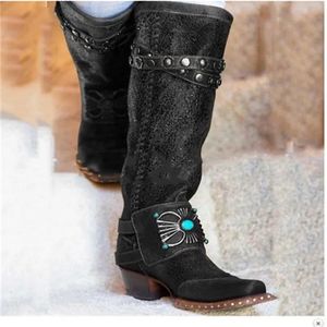 Stiefel Damen-Nietenstiefel mit dickem Absatz, Herbst und Winter, nationaler Stil, modisch, personalisierbar, runder Kopf, hohe Röhre, große Stiefel 231108