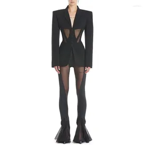 Zweiteilige Damenhose mit sexy durchsichtigem Gaze-Patchwork-Design für Damen, High-Street-Anzug, taillierter, gekerbter Langarm-Blazer, ausgestellter Damen-Zweiteiler, 2-teilig