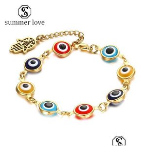 Chain Valentines Day Hamsa Palm Bangle Armband för kvinnor 8mm Big Hole Glass Pärlor Rostfritt stål Armband Justerbar Charm Wedding DHKXM