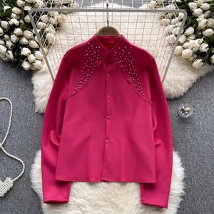 Women's Blouses French Chic Bead Shirts For Women Turn-down Collar Lapel Single Long Sleeve Loose Blouse Autumn Vintage Female Tops Drop