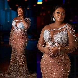 2023 Plus Size Aso Ebi Prom Dresses Beaded Crystals Long Sleeves African Nigeria Evening Dress Robe De Soiree Arabic Lucurious Pearls Second Reception Evening Gowns