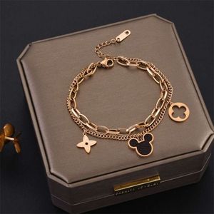 Doppelschichtige Kette, farblos, Damenmode, cooles Titan-Stahl-Maus-Leder, vierblättriges Gras-Armband, Geschenk für Freunde