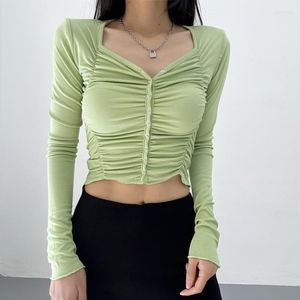 Women's T Shirts Women Shoulder Pad Ruched Long Sleeve Crop Top With Ruffle Details