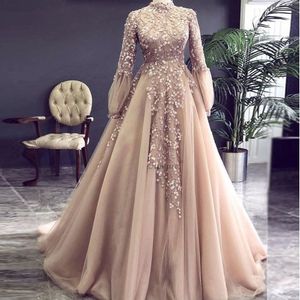 Champagne Prom Dresses Muslim Long Sleeves High Neck 3D Floral Flowers Lace Applique Arabic Dubai Middle East Evening Ocn Gowns 403