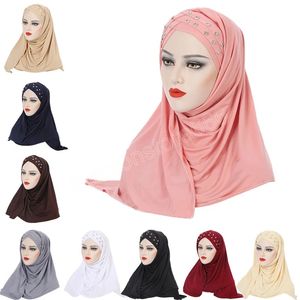 Muslimska pärlor korsa hijab kvinnor turban bär omedelbar halsduk lång en bit islam keps femme headwrap sjal hattar