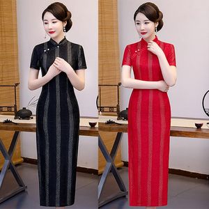 Ethnische Kleidung FZSLCYIYI Schwarz Rot Cheongsam Frauen Lange Spitze Qipao Chinesisches Kleid Qi Pao Party Elegant Hohe Qualität Vintage 4XL