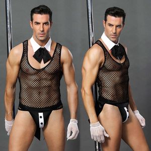 Servitör enhetlig cosplay svart mesh män s underkläder set erotiska underkläder porrdräkter sexiga rollspel kläder