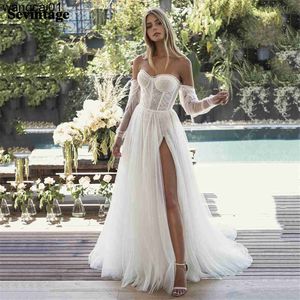 Sukienki imprezowe Soft Tul Lace Boho Suknia ślubna Rovab Long Seves Sukienka Bride 2021 High Slit Pats Beach Wedding Party Suknie Księżniczka 0408H23