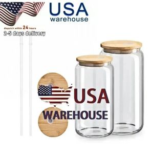 US CA STOCK 16OZ Sublimation Glass Beer Mugs with Bamboo Lid Straw Tumblers DIY Blanks Frosted Clear Can Cups Heat Transfer Cocktail Cups Tumbler GG1108
