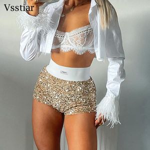 Kadın şort vsstia yüksek bel mini moda payetler köpüklü giyim seksi sıkı parti gece kulübü 230408