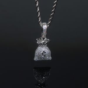 Dollar Sign Mini Money Bag Charm Pendant Necklace with Rope Chain Hip Hop Women Men Full Paved 5A Cubic Zirconia Boss Men Gift Jewelry