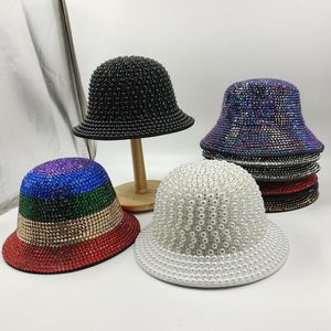 Berets White Rhinestone And Pearl Bucket Hat Fedoras Jazz Hats For Men Women Handmade Advanced Fashion Outdoor Stage 2023