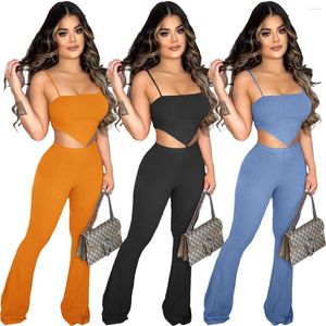 Women's Two Piece Pants Casual Elasticity Knitted Rib Set Women Summer Sexy Sling Irregular Crop Top Flare Suit Matching Slim Outfit