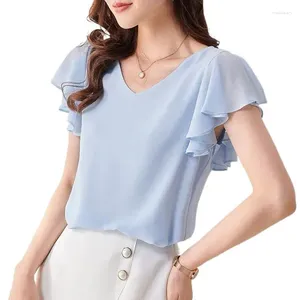 Blusas femininas primavera moda coreana chiffon camisas femininas com decote em v bonito topos verão manga borboleta blusa camisa branca topo blusas plus size