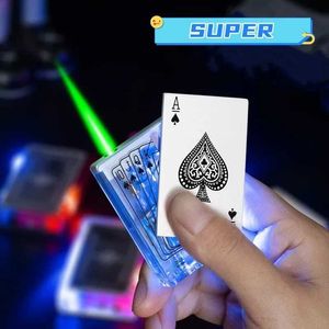 Lighters Creative Transparent Playing Card Butane No Gas Lighter Mahjong Led Lighting Windproof Green Flame Cute Smoke Accessories