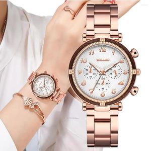 Wristwatches Fashion Brand Women Quartz Watch Luxury Three Eye Numbers Rose Gold Stainless Steel Strap Student Gift Clock Watches