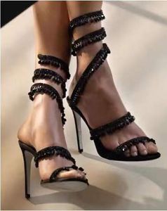 High Heels Sandals 2023 Fish Mouth Water Drop Snake Winding Large Size Catwalk Rhinestone Fine Heel Sandals