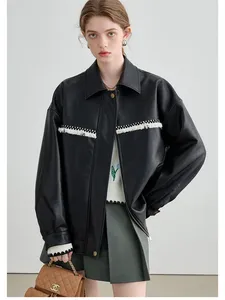 Molan couro feminino preto elegante mulher jaqueta bomber moda lapela bolsos vintage motociclista senhoras outono reropu casaco