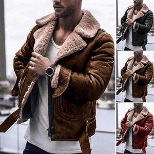 Men's Jackets Fashion Faux Fur Lapel Collar Long Sleeve Vintage Leather Warm Outwear Motorcycle Leather Coat Fly8