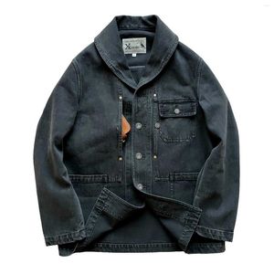 Herrdräkter denimjacka sjal krage flerfickor regelbundet passar västra safari kostym vintage blazer för manlig vårhöst