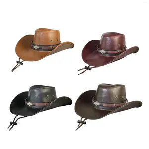 Basker Western Cowboy Hat Sun Drable Pu Leather Hats Gentleman Jazz med Chin Strap For Halloween Stage Performance Props