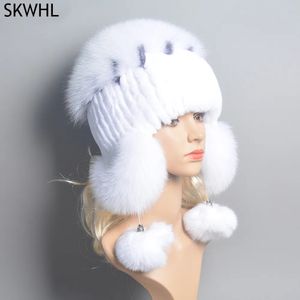 Beanie/Skull Caps Elastic Knitted Rex Rabbit Fur Beanies Handmade Real Fur Hat with Fox Fur Ears Genuine Fur Snow Cap Bonnets for Women Designer 231108