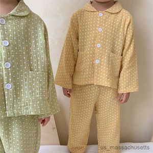 Pyjamas Kinderkleidung Mädchen Loungewear Frühling Baumwollgarn Polka Dot Junge Pyjamaanzug für Babys Lässige solide Kleidung für junge Kinder R231108