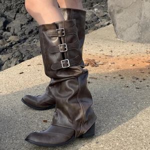 Boots Chunky Pleated Chelsea Knee High Boots Women Mid Heels Shoes Winter Trend Gladiator High Boots Pumps Motorcycle Botas 231108