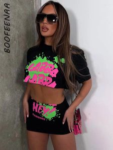 Women's 2024 Summer Outfit: BOOFEENAA Graphic Tee and Skirt Casual Two-Piece Set - Comfy Baddie Streetwear Short Dress
