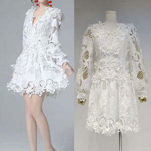 Casual Dress V-Neck Lantern Sleeves Long Sleeve Hollow out 3D Stapled Flower Splice Lace Dress Short Skirt