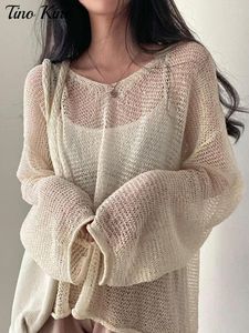 Women's T Shirts Knitted Hollow Out Women Sweater Smock Elegant O-neck Long Sleeve Loose Female Jumpers 2023 Spring Summer Fashion Ladies