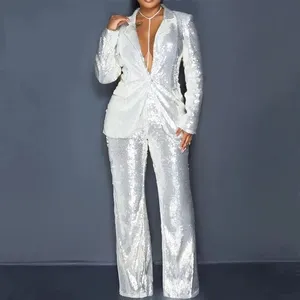 Женские брюки с двумя частями 2 часа мода сплошные брючные брюки костюмы Spring 2023 с блестками с длинными рукава