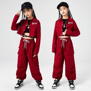 Комплекты одежды, красные рубашки, брюки-карго, наряды Kpop для девочек, бальные костюмы в стиле хип-хоп, танцевальные праздничные костюмы, детский джаз