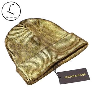 Beanie/Totenkopfkappen GZHILOVINGL Herbst Winter Ins Gold Silber Lila Metallic Unisex Acryl Gestrickte Beanie Cap Hut Skullies Mädchen Beanies Frauen 231108