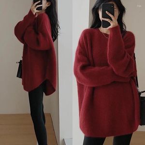 Camisolas masculinas 2023 Red Loose Fluffy Sweater Mulheres Outono O-pescoço Manga Longa Soild Feminino Malha Pulôver Moda Curva Hem Lady Knitwear