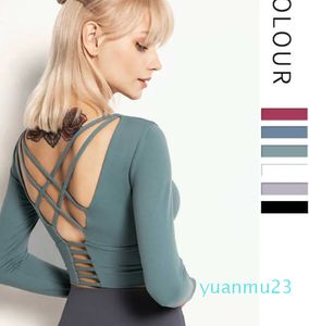Yoga Top Sexy Cross Back Slim Belt Fiess Suit Women's Tight Sports T-shirt with Chest Pad Bra Nude Running Casual Gym Shirt Long Sleeve
